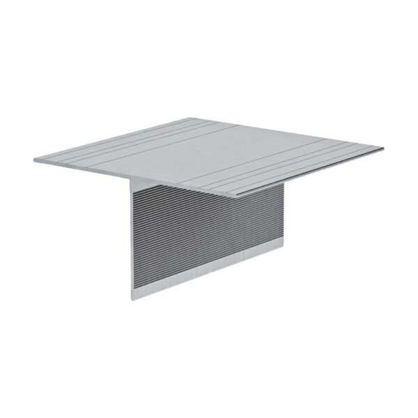 Profil structural EJOT în formă de T, din aluminiu, în perspectivă: aripa lată de sus cu linii de ghidaj și peretele vertical canelat
