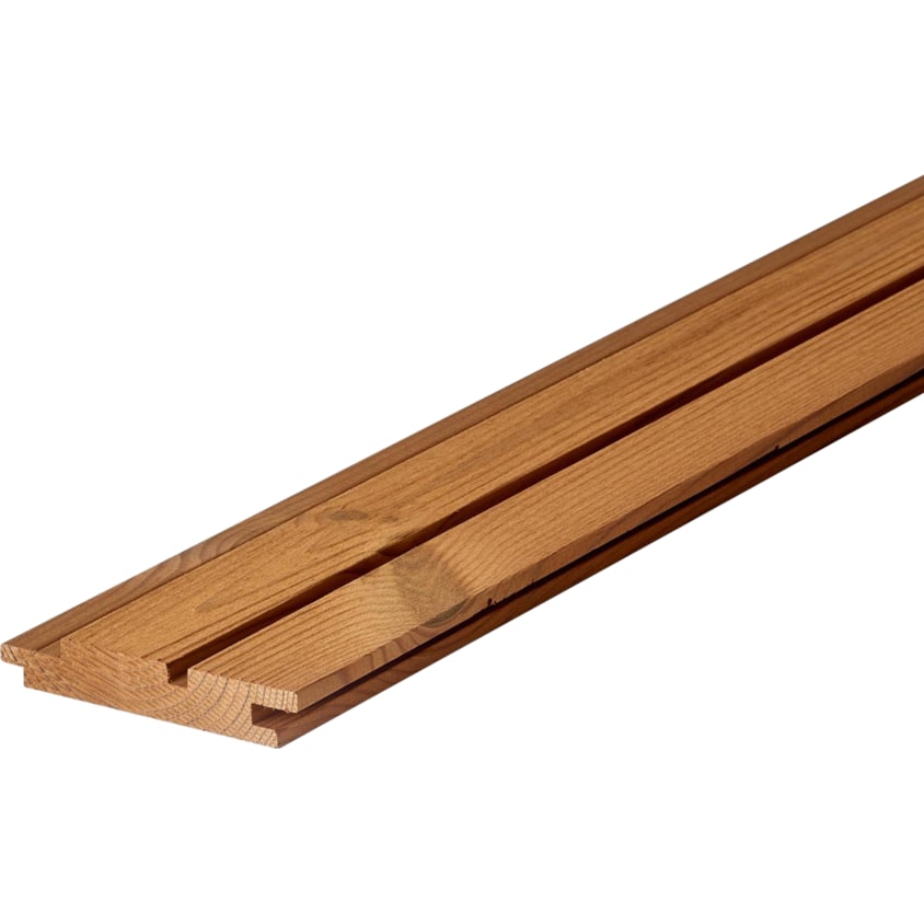 Profil Luna Classic Line HF 21×117 din pin tratat termic, brun-miere, cu o canelură de umbră pe mijlocul feței, pe alb Profil Luna Classic Line HF 21×117 din pin tratat termic, brun-miere, cu o canelură de umbră pe mijlocul feței, pe alb