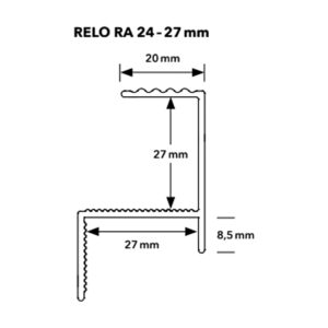 Desen tehnic al profilului de contur Relo RA pentru terase de 24–27 mm, cu cotele profilului și ale capătului riflat