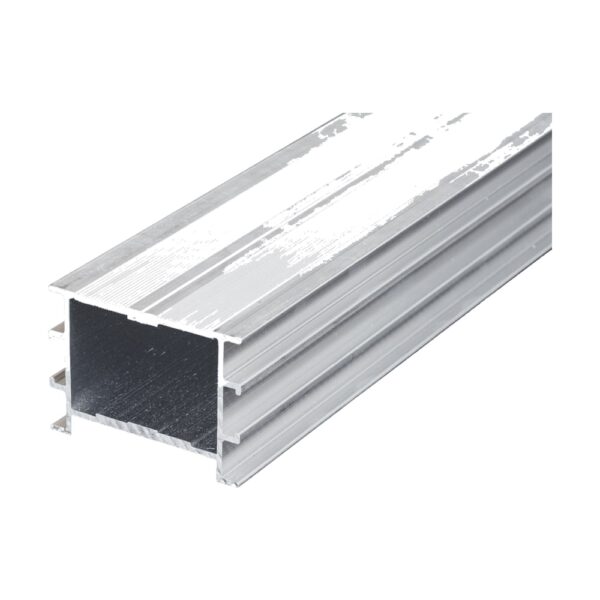 Profil de substructură Relo W din aluminiu argintiu, lat, cu fața de sus striată și camera interioară vizibilă la capăt