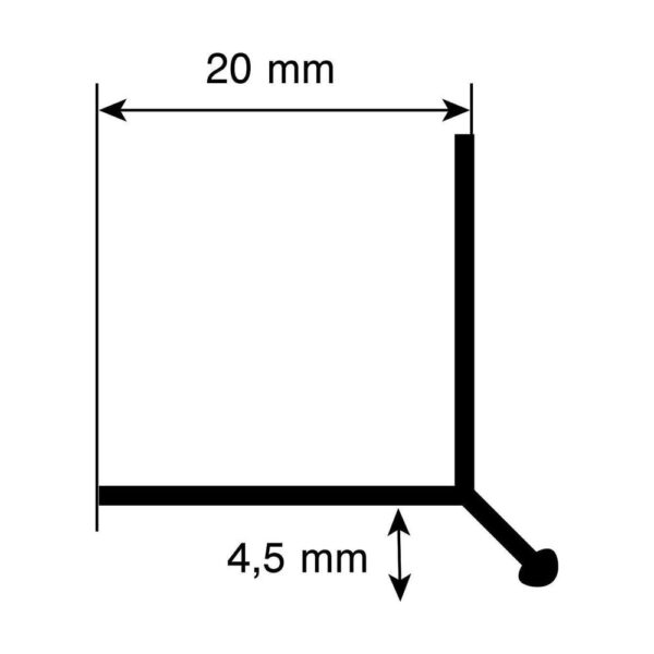 Secțiunea colțului exterior Rocko de 45°, cotată la 20 mm și 4,5 mm, cu aripa diagonală terminată rotund