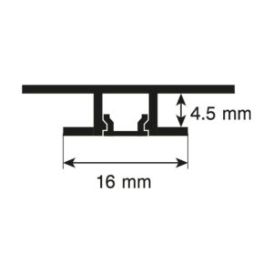 Secțiunea profilului LED Rocko tip T, cotată la 16 mm și 4,5 mm, cu locașul central pentru banda LED
