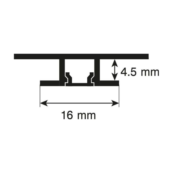 Secțiunea profilului LED Rocko tip T, cotată la 16 mm și 4,5 mm, cu locașul central pentru banda LED