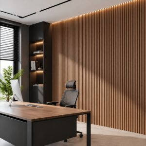 Birou executiv cu perete placat cu riflaj WPC 804707-26 și iluminare LED pe muchia tavanului