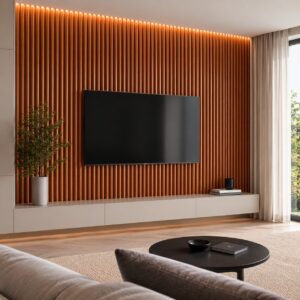 Living cu perete TV placat cu riflaj WPC 807603-26 Nuc Auriu și bandă LED sub tavan