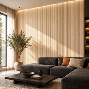 Living cu canapea gri închis în fața unui perete placat cu riflaj WPC 808001-1 crem