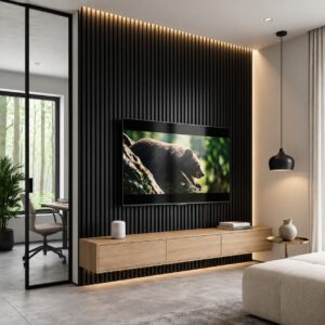 Perete TV placat cu riflaj WPC AC-03 negru, deasupra unei comode suspendate din lemn deschis