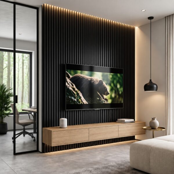 Perete TV placat cu riflaj WPC AC-03 negru, deasupra unei comode suspendate din lemn deschis