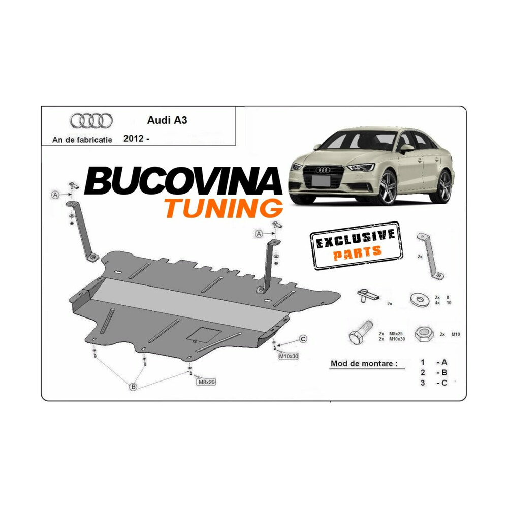 Scut motor compatibil cu Audi A3 8V (13-15), Seat Leon III (12-16), Skoda Octavia III (13-20) și alte modele Scut motor compatibil cu Audi A3 8V (13-15), Seat Leon III (12-16), Skoda Octavia III (13-20) și alte modele