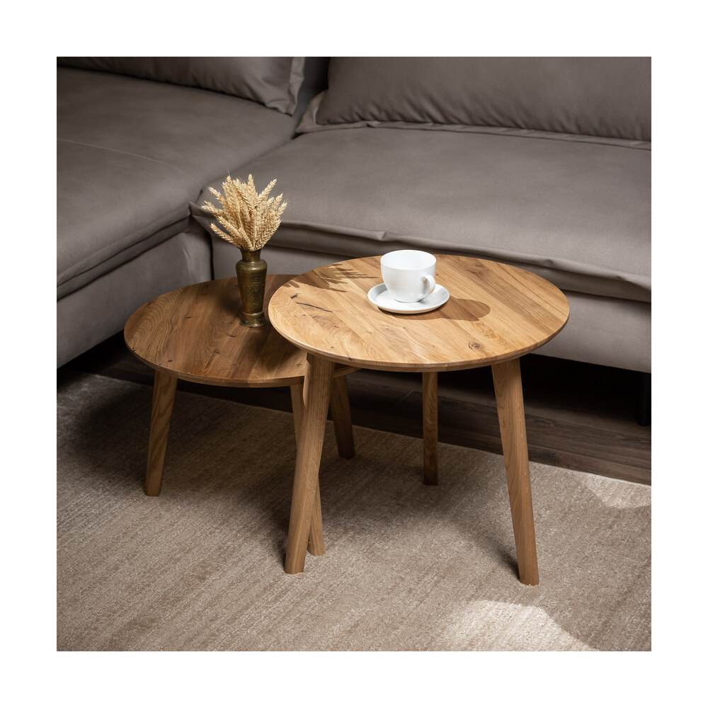 Set 2 mese de cafea Opera din lemn masiv, diametru 50 cm Set 2 mese de cafea Opera din lemn masiv, diametru 50 cm