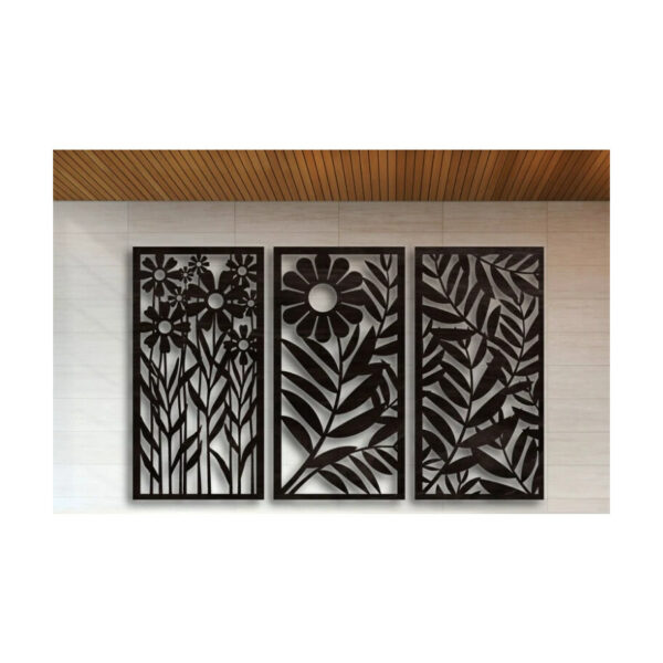 Set 3 panouri decorative din metal Flower DecoLine, 45 × 80 cm, negru