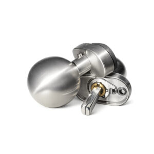 Buton bilă din inox cu mecanismul cu arc din rozetă și tija pătrată vizibile