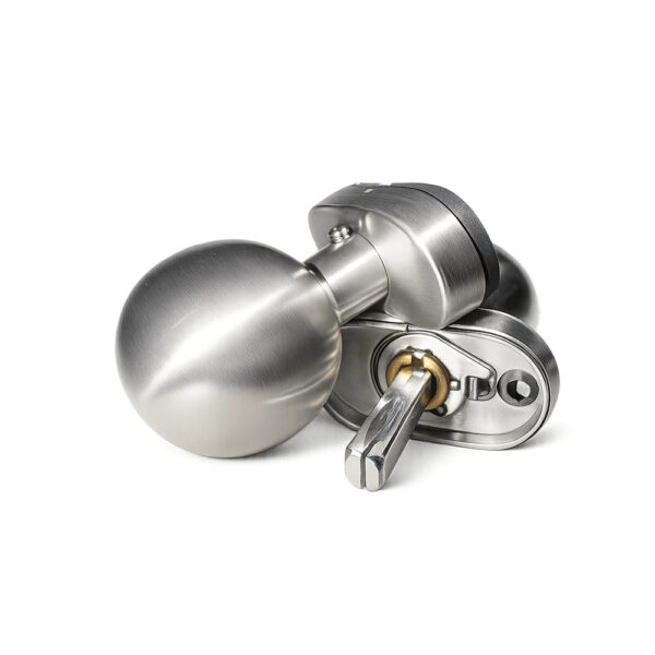Buton bilă din inox cu mecanismul cu arc din rozetă și tija pătrată vizibile