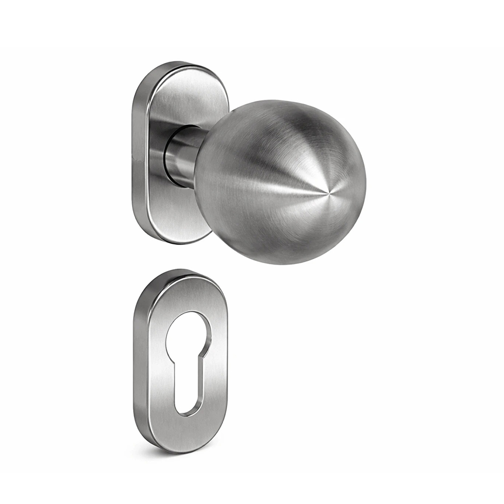 Buton bilă inox AISI 316 cu rozete Buton sferic din inox satinat pe rozetă ovală, cu rozeta pentru butuc dedesubt