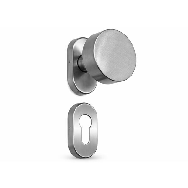 Buton cilindric plat din inox satinat pe rozetă ovală, cu rozeta pentru butuc dedesubt