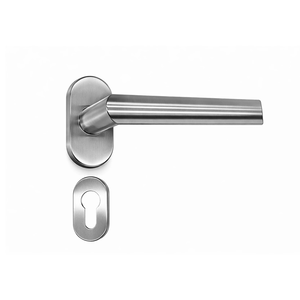 Set clanțe poartă inox AISI 316 cu arc Clanță dreaptă din inox AISI 316 satinat, pe rozetă ovală, cu rozeta pentru butuc dedesubt