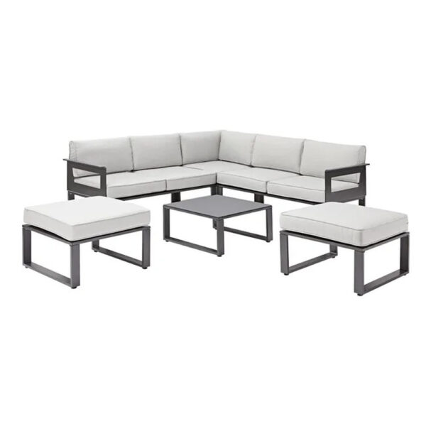 Set mobilier de grădină Naterial Odyssea: canapea de colț, două taburete și masă, pe fundal alb