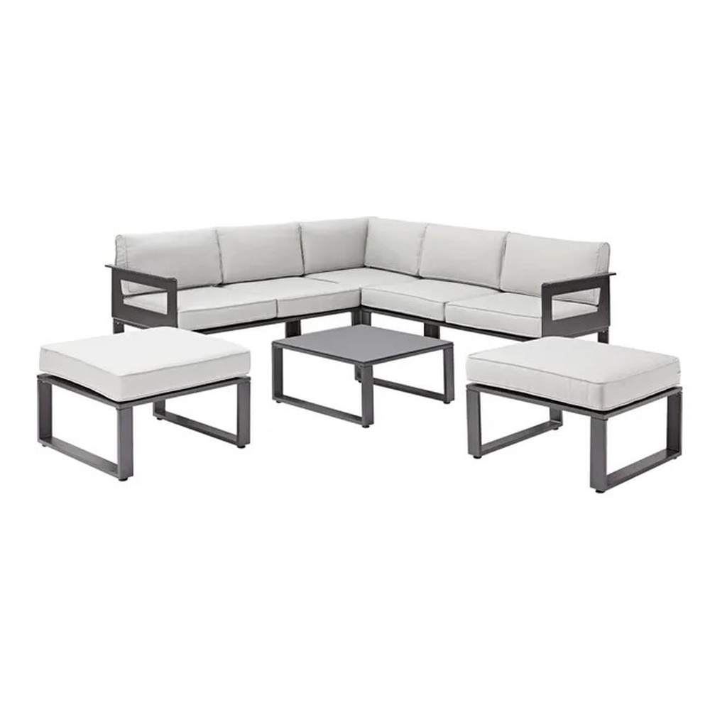 Set mobilier grădină Naterial Odyssea Set mobilier de grădină Naterial Odyssea: canapea de colț, două taburete și masă, pe fundal alb