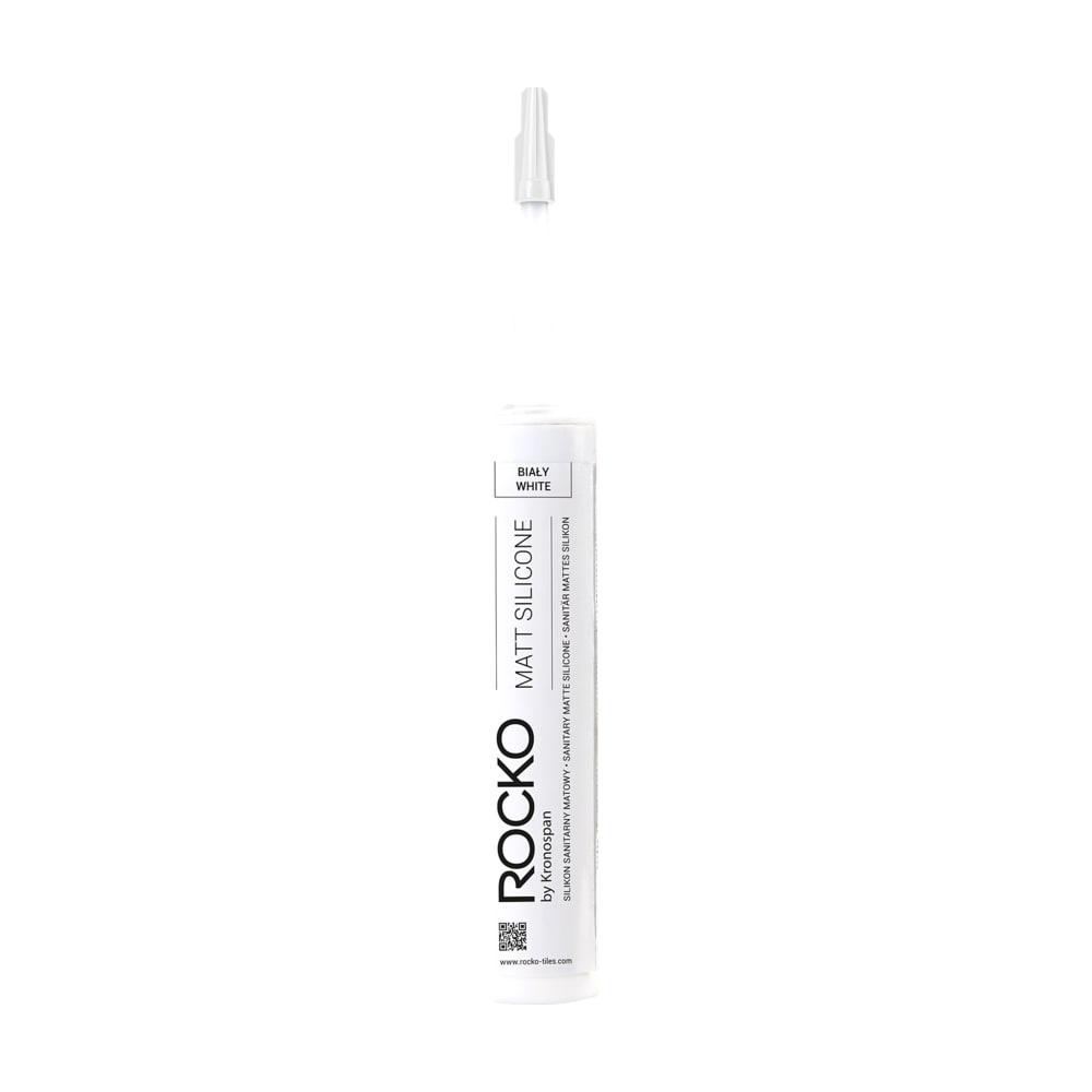 Cartușul de 300 ml de silicon mat alb Rocko, cu duza deasupra Cartușul de 300 ml de silicon mat alb Rocko, cu duza deasupra