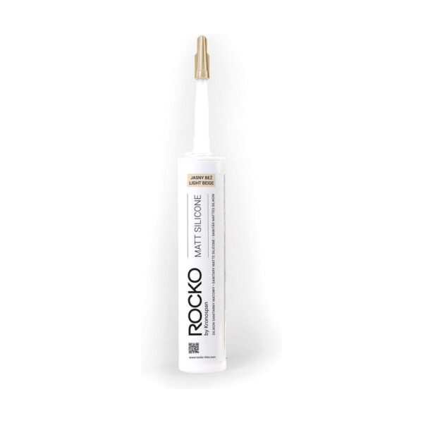 Cartușul de 300 ml de silicon mat Rocko, nuanța Light Beige, cu eticheta și duza bej deschis