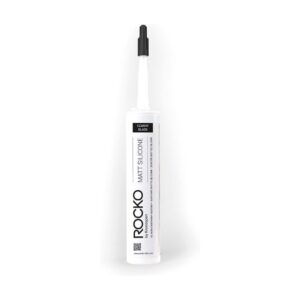 Cartușul de 300 ml de silicon mat negru Rocko, cu eticheta Black și duza neagră deasupra