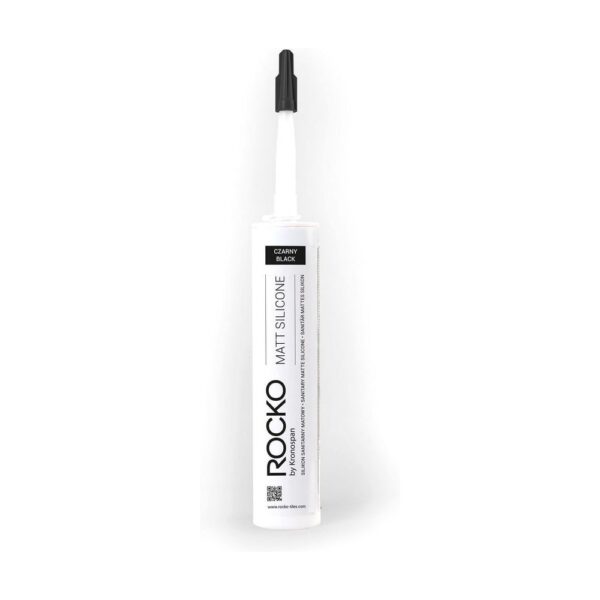Cartușul de 300 ml de silicon mat negru Rocko, cu eticheta Black și duza neagră deasupra