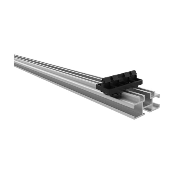 Șină transversală Perfect Rail din aluminiu, cu profil dublu și un clip negru din plastic fixat deasupra