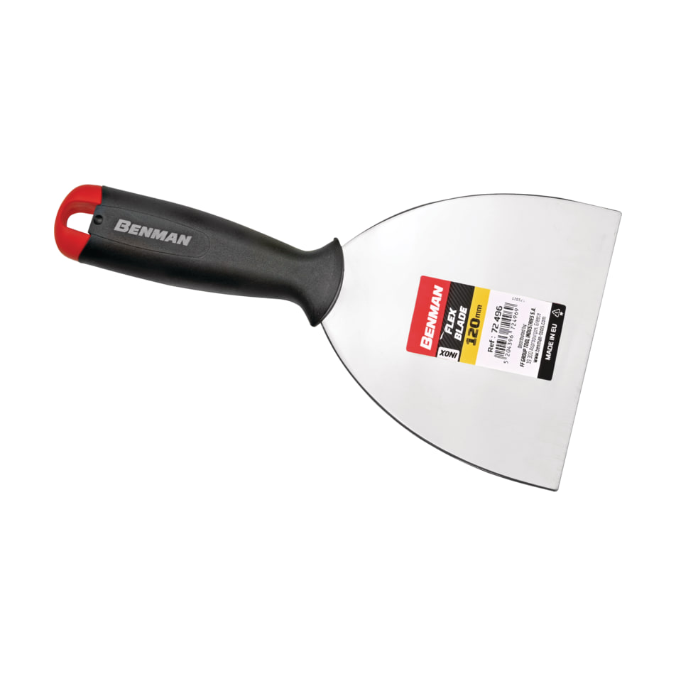 Șpaclu Benman de 120 mm din inox flexibil, cu mâner negru cu roșu și eticheta Flex Blade pe lamă Șpaclu Benman de 120 mm din inox flexibil, cu mâner negru cu roșu și eticheta Flex Blade pe lamă