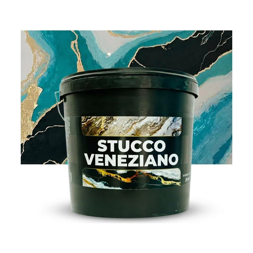 Găleată de stucco venețian în fața unui panou cu efect de marmură turcoaz, negru și auriu Găleată de stucco venețian în fața unui panou cu efect de marmură turcoaz, negru și auriu