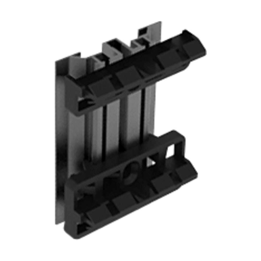 Suport de plintă Flat 120 din plastic negru, cu brațe de prindere sus și jos, montat pe o bucată de profil Suport de plintă Flat 120 din plastic negru, cu brațe de prindere sus și jos, montat pe o bucată de profil