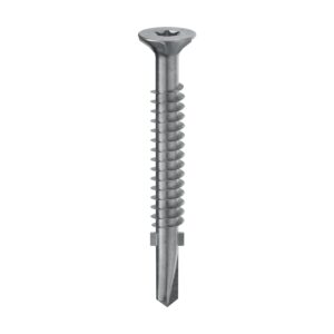 Șurub autoforant lemn-metal Holz Technic SBS cu cap înecat, filet, aripioare și vârf de burghiu, pe fond alb