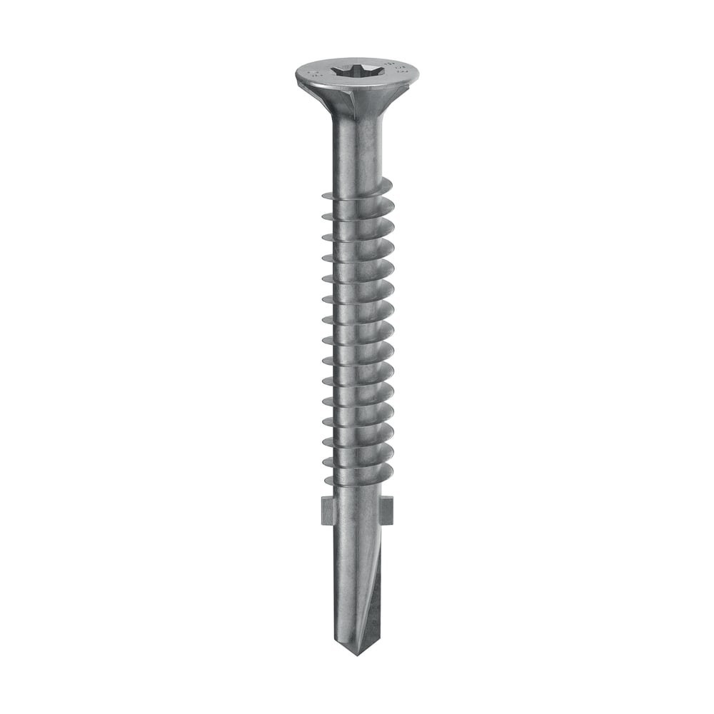 Șurub autoforant lemn-metal Holz Technic SBS cu cap înecat, filet, aripioare și vârf de burghiu, pe fond alb Șurub autoforant lemn-metal Holz Technic SBS cu cap înecat, filet, aripioare și vârf de burghiu, pe fond alb