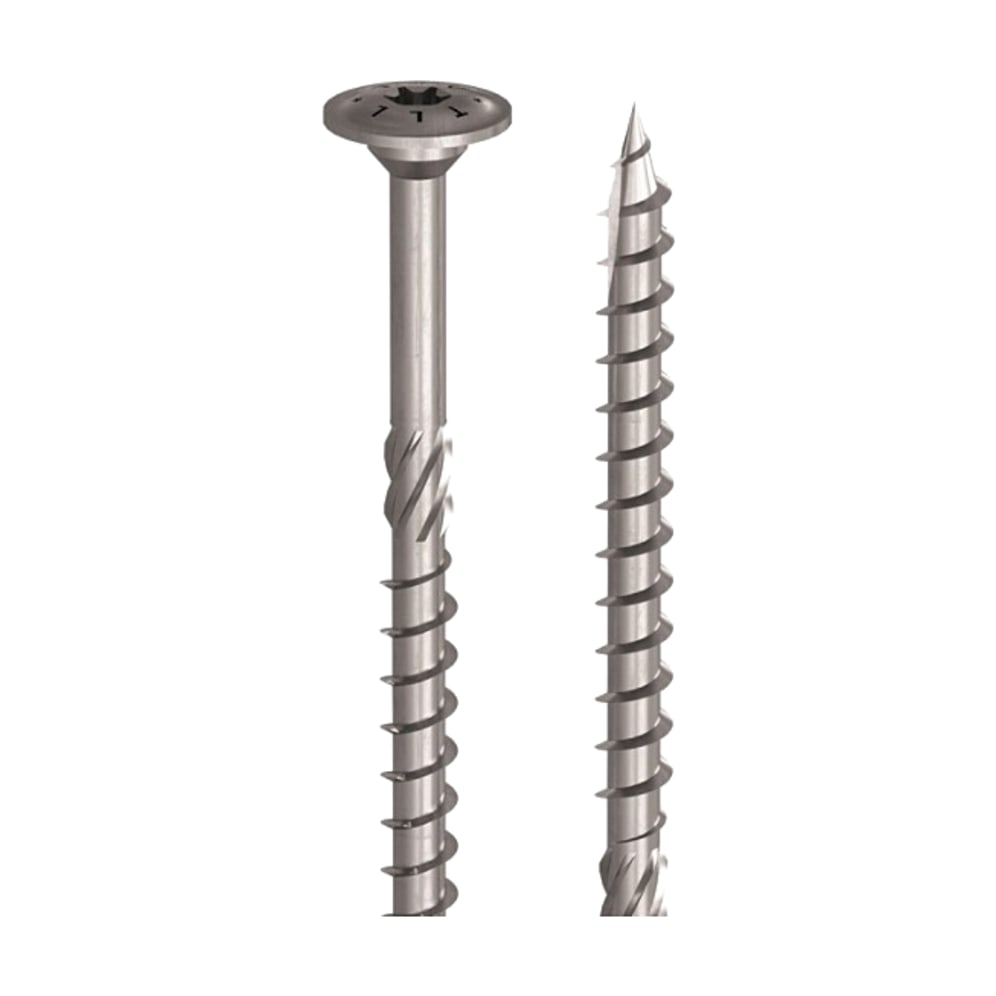 Capul plat cu marcajul TLL și vârful ascuțit al șurubului de dulgherie Holz Technic TLL, din oțel zincat, văzute de aproape Capul plat cu marcajul TLL și vârful ascuțit al șurubului de dulgherie Holz Technic TLL, din oțel zincat, văzute de aproape