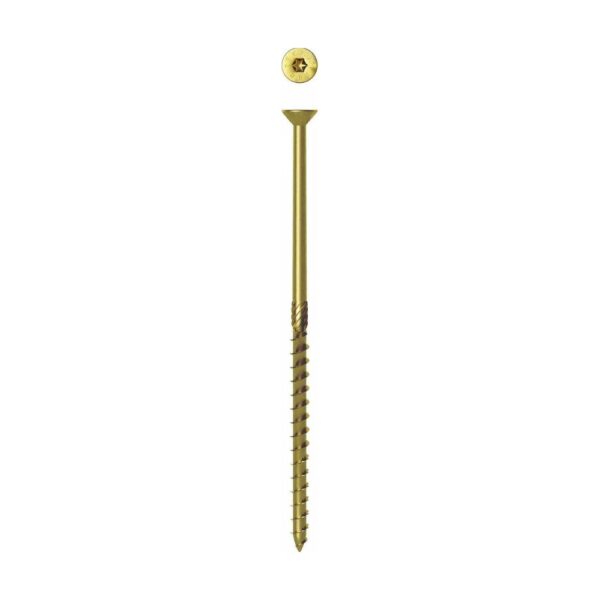 Șurub de dulgherie Holz Technic SCH-H cu cap înecat, zincat galben, cu vederea capului Torx deasupra, pe fond alb