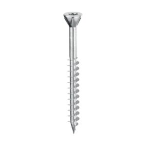 Șurub Holz Technic SHS cu cap mic înecat nervurat, amprentă Torx și filet parțial cu vârf ascuțit, pe fond alb