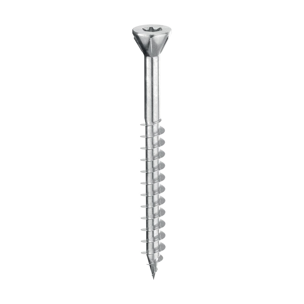 Șurub Holz Technic SHS cu cap mic înecat nervurat, amprentă Torx și filet parțial cu vârf ascuțit, pe fond alb Șurub Holz Technic SHS cu cap mic înecat nervurat, amprentă Torx și filet parțial cu vârf ascuțit, pe fond alb