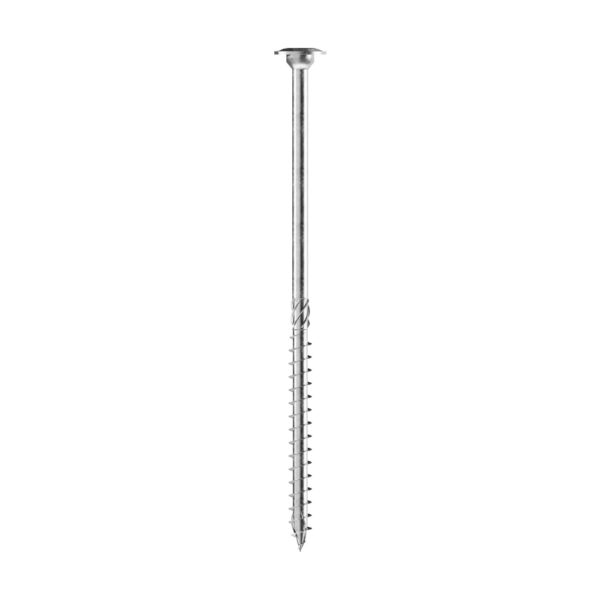 Șurub de dulgherie Holz Technic TLL cu cap plat tip disc, tijă lungă și filet parțial, în poziție verticală pe alb