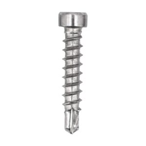 Șurub Unia din inox cu cap cilindric, filet pe toată tija și vârf de burghiu autoperforant, în poziție verticală pe alb