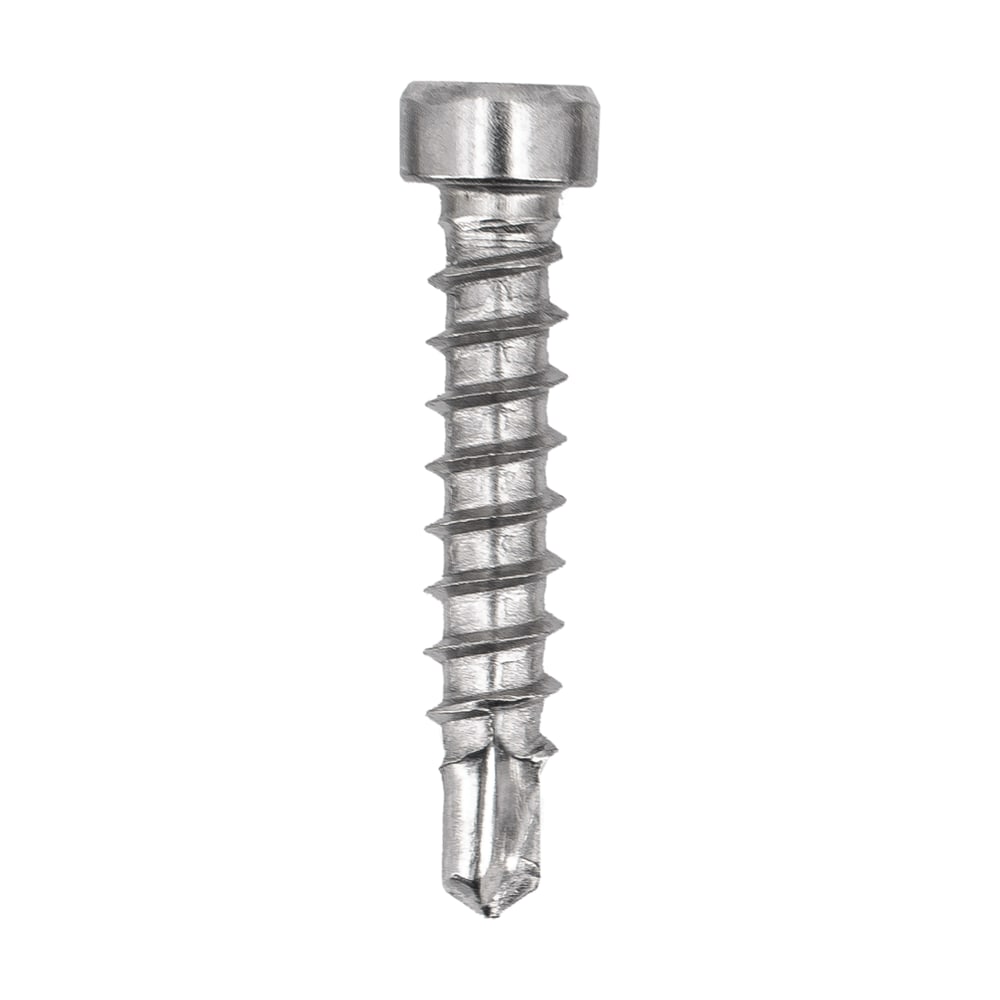 Șurub Unia din inox cu cap cilindric, filet pe toată tija și vârf de burghiu autoperforant, în poziție verticală pe alb Șurub Unia din inox cu cap cilindric, filet pe toată tija și vârf de burghiu autoperforant, în poziție verticală pe alb