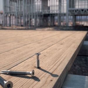 Șuruburi autoforante Holz Technic SBS pe o terasă din scânduri de lemn montată pe structură metalică, unul înșurubat