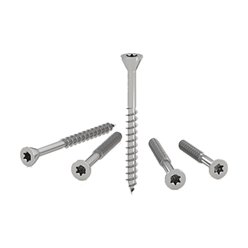 Cinci șuruburi Holz Technic TPP cu cap mic înecat și amprentă Torx, unul în picioare și patru culcate, pe fond alb Cinci șuruburi Holz Technic TPP cu cap mic înecat și amprentă Torx, unul în picioare și patru culcate, pe fond alb
