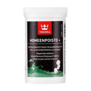 Recipientul Tikkurila Homeenpoisto+ cu tablete de detergent anti-mucegai pentru suprafețe exterioare din lemn și piatră