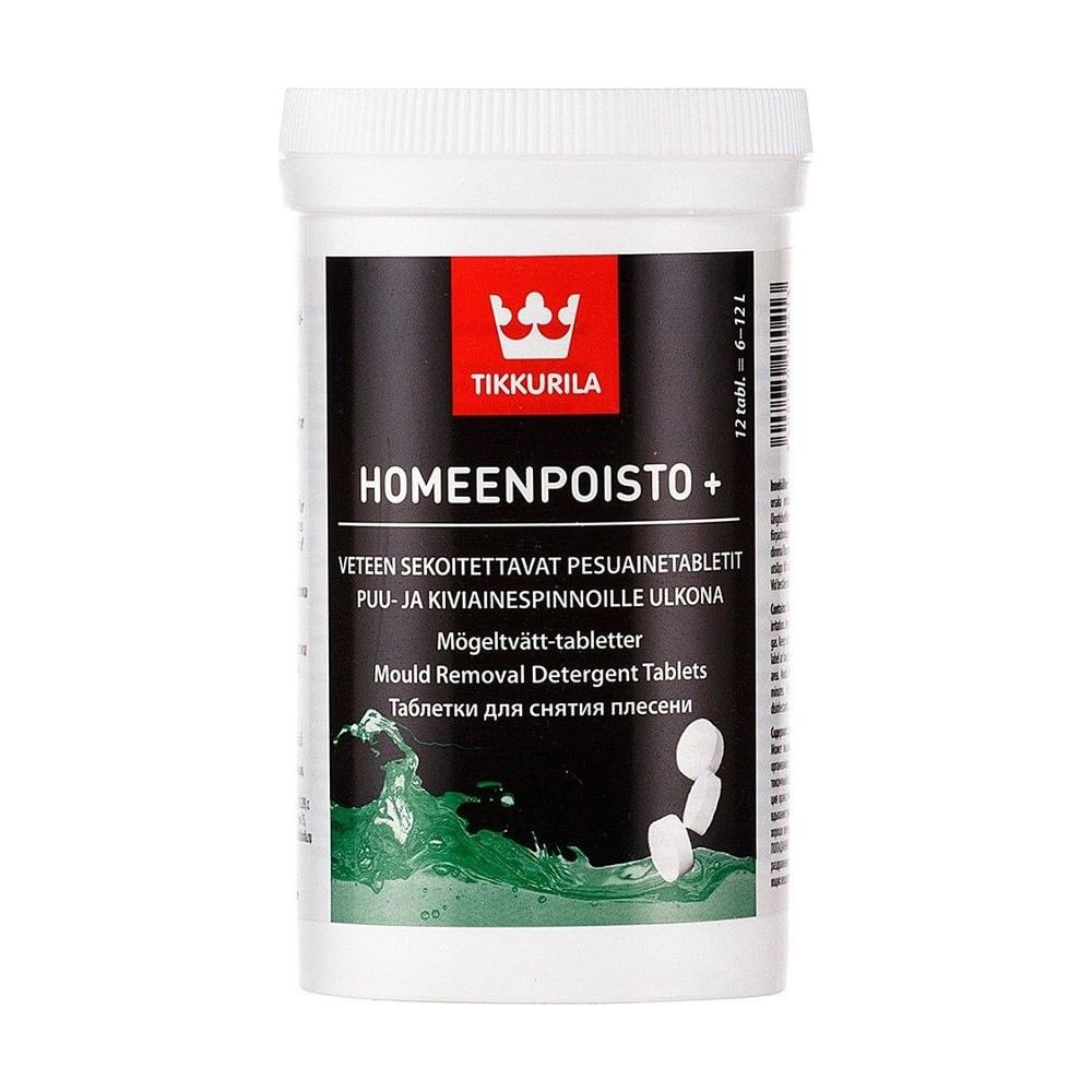 Recipientul Tikkurila Homeenpoisto+ cu tablete de detergent anti-mucegai pentru suprafețe exterioare din lemn și piatră Recipientul Tikkurila Homeenpoisto+ cu tablete de detergent anti-mucegai pentru suprafețe exterioare din lemn și piatră