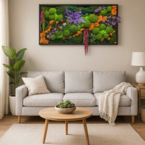 Tablou multicolor cu licheni și plante stabilizate în ramă neagră, deasupra unei canapele gri deschis, într-un living