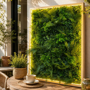 Tabloul cu plante artificiale și LED pe o terasă, lângă o masă mică cu o ceașcă de cafea și plante în ghiveci