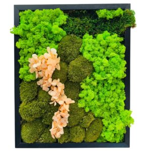 Tablou Armonie Naturală în ramă neagră, vedere frontală cu mușchi verde lime, oliv și verde închis