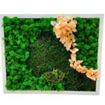 Tablou Esența Naturii cu mușchi verde aprins și verde închis și flori piersicii în arc, ramă albă, vedere frontală