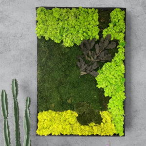 Tablou vertical cu licheni verde lime și galbeni, mușchi plat, frunze închise, ramă neagră, pe perete de beton