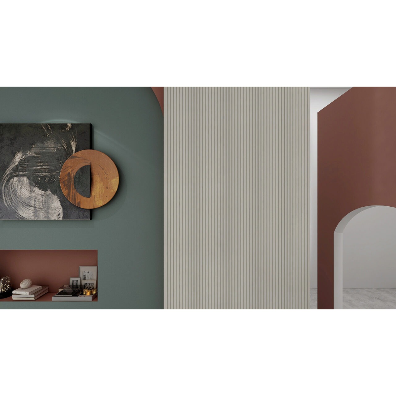 Terminație inferioară JC1021-W1 – decor W1 Fâșie de riflaj alb între pereți verzi și cărămizii, imagine pentru terminația inferioară JC1021-W1