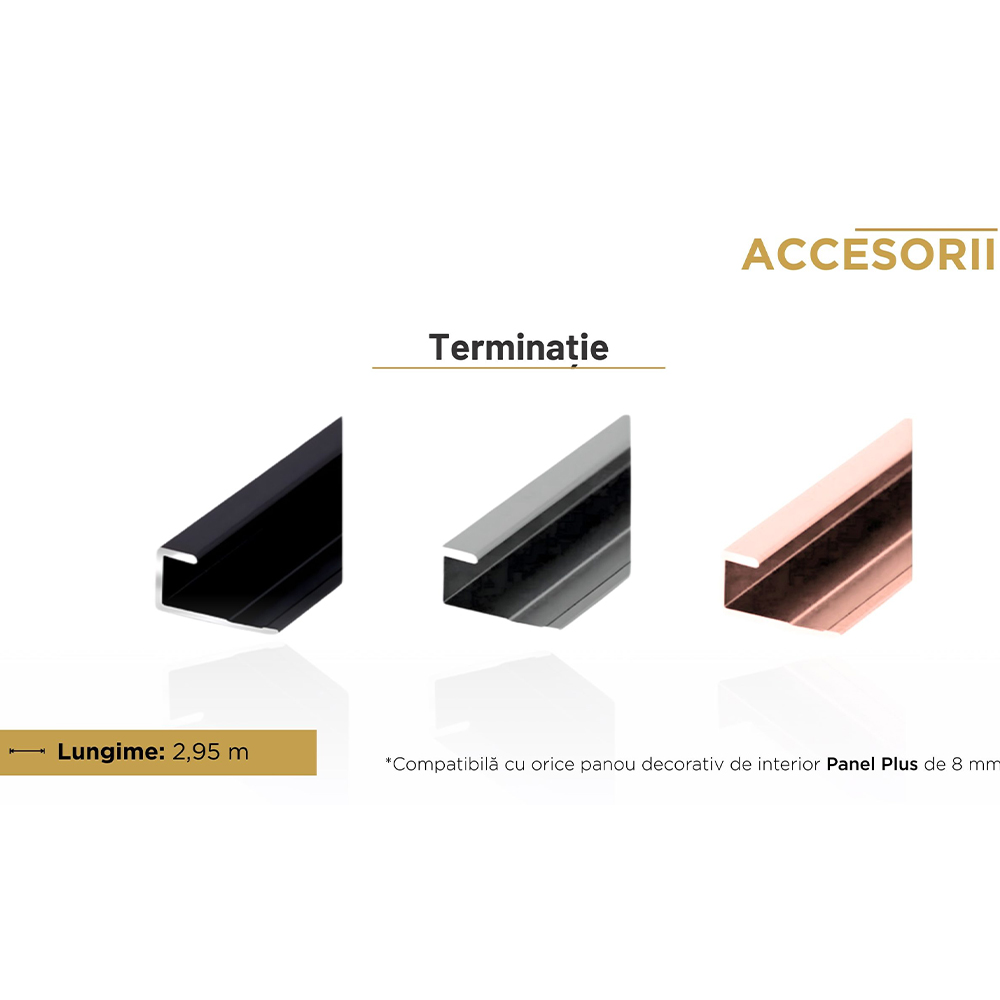 Profile de terminație tip J pentru panouri decorative de 8 mm Profile de terminație tip J pentru panouri de 8 mm în negru, argintiu și roz, cu lungimea de 2,95 m